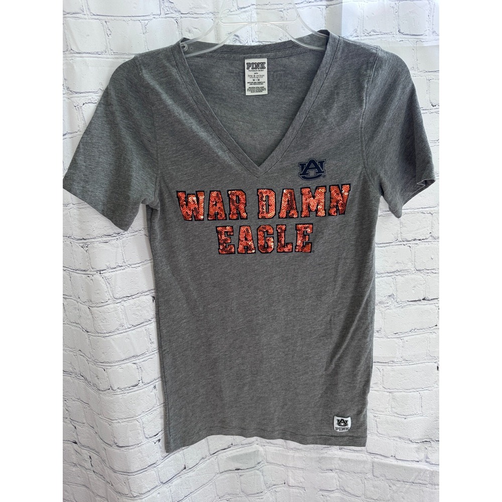 PINK‎ Victoria's Secret Auburn War Eagle V-Neck T-Shirt Top Gray S
